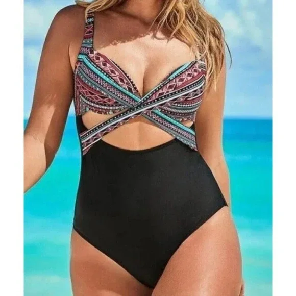Swimsuits For All Black Aztec Print Cut Out Strappy One Piece Size 14 Vacation - Picture 2 of 7